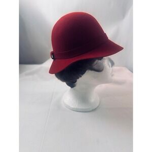 Doeskin 100%Wool Felt Cloche Hat Vintage Style Buckle Accent Downturned Brim Red